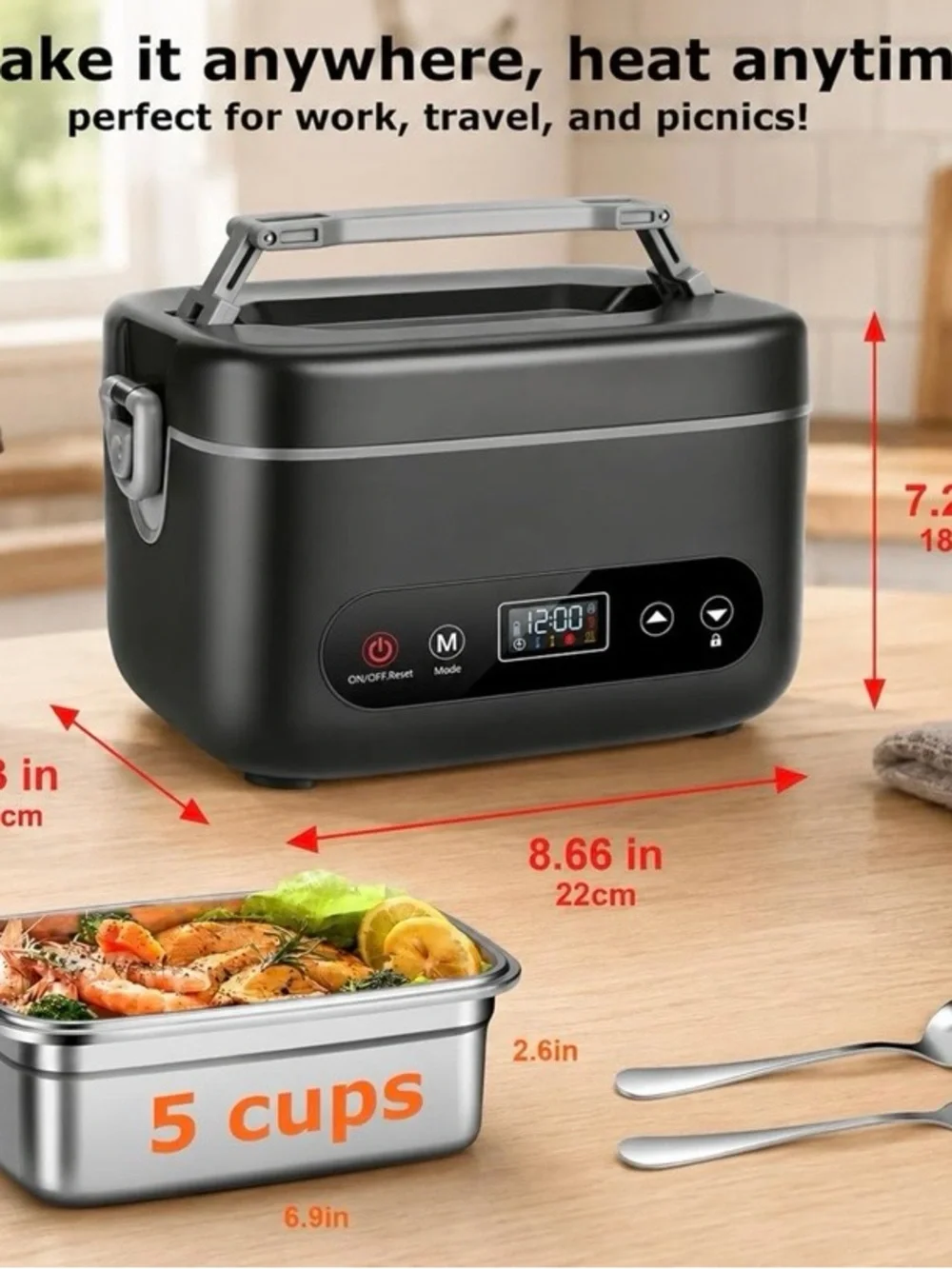 NEW - Heated Lunch Box for Adults, 1.2L Self-Heating Food Warmer, Black Cordless